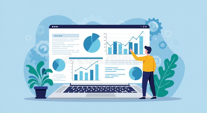 Laptop displaying various charts and graphs, including bar and pie charts royalty free illustration