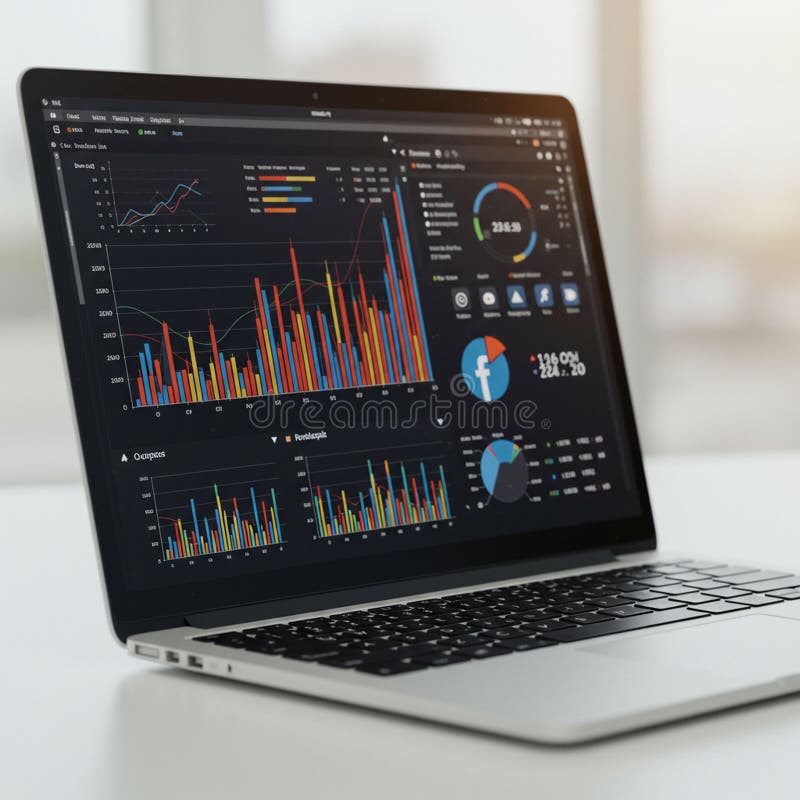 Laptop displaying various data visualizations on the screen, including bar and line charts, pie charts, and numeric indicators. Vibrant colors like red, blue, yellow, and green depict data variations. The screen shows graphical representations often used in analytics or performance tracking software, with a black background enhancing visual contrast. Several application icons are visible at the bottom right. The laptop is on a plain white desk with a blurred background, suggesting a professional or office setting.