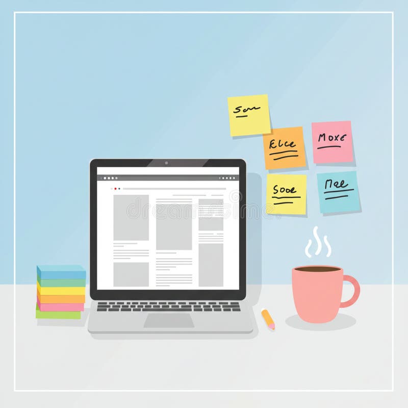 Laptop displaying a webpage with text and image placeholders. Surrounding the stock illustration