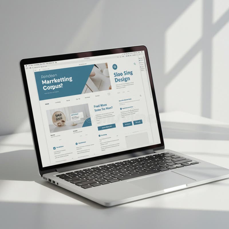 Laptop displaying a website design with blue and white color scheme. Website stock illustration