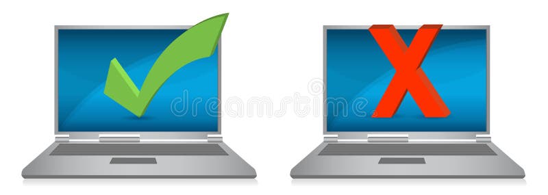 Laptop displays with check and x marks vector illustration