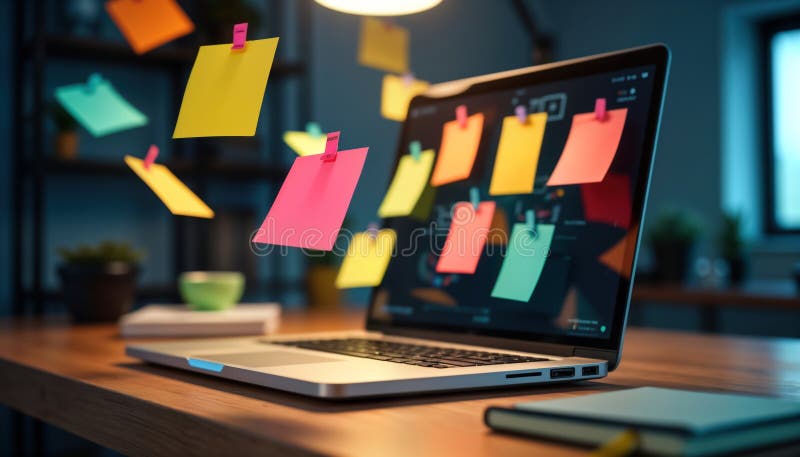 Laptop displays colourful sticky notes floating in air. Home office setting with notebook. Creative work in progress. Person vector illustration