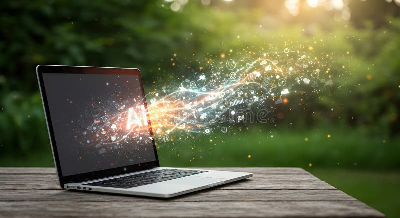 Laptop Emitting AI Data: Technology, Innovation, Nature\'s Harmony stock illustration
