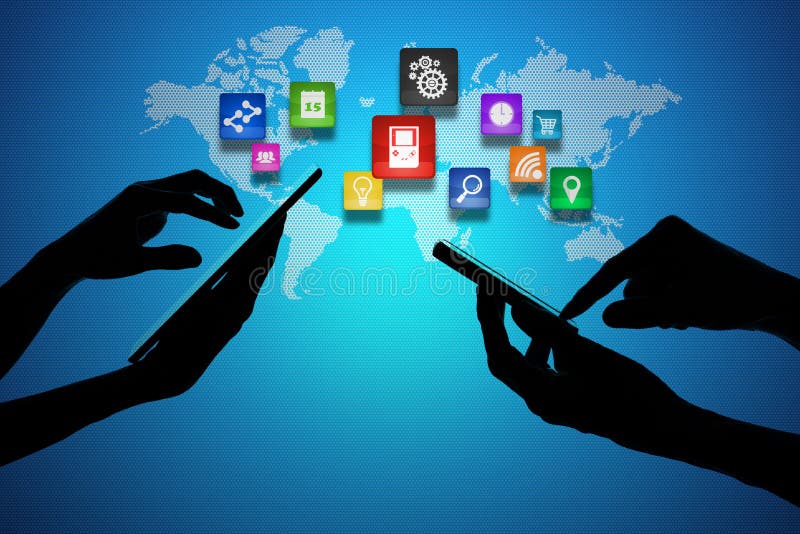 Laptop en Slimme Telefoon rond Wereldbol stock illustratie Laptop en Slimme Telefoon rond Wereldbol stock illustratie