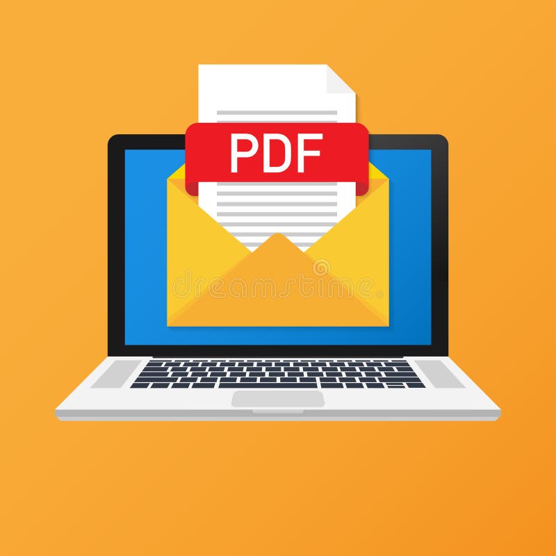 Laptop with envelope and PDF file. Notebook and email with file attachment PDF document. Vector illustration.