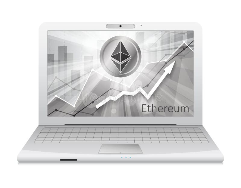 Laptop with ethereum cryptocurrency icon in the bright rays on background with statistics charts showing various visualization on screen
