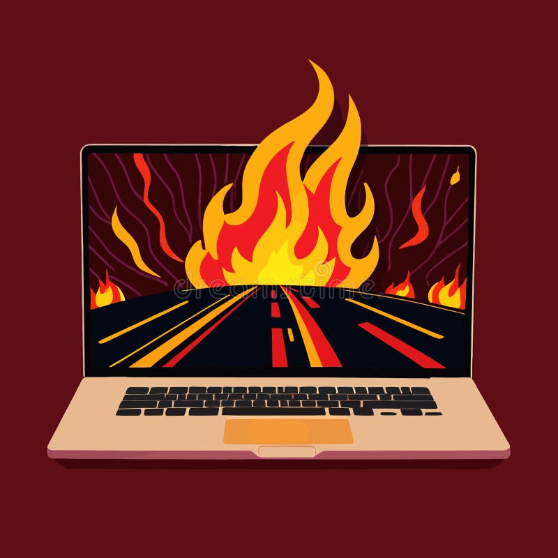 Laptop on Fire, Indicating Computer Overheating and Failure, Vector
