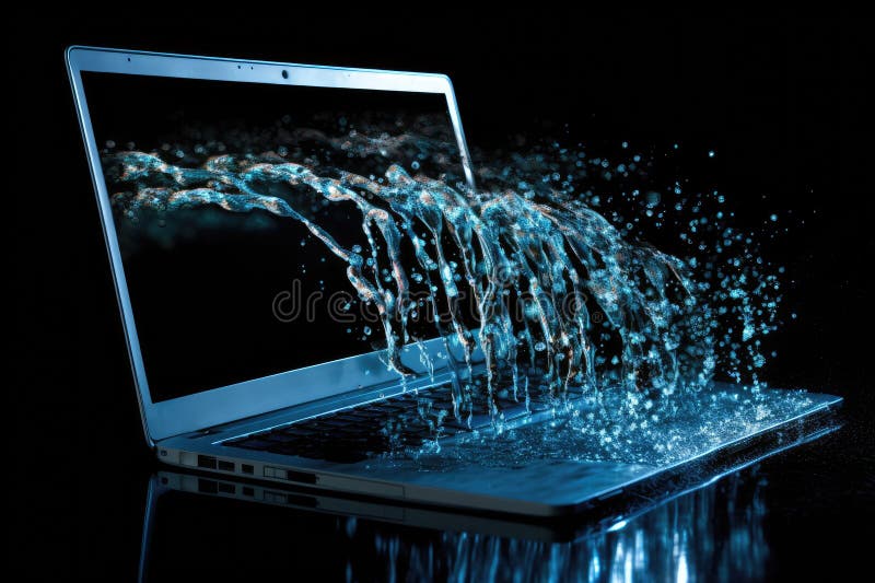 A Laptop Forcefully Ejecting Water, Creating a Dramatic and Chaotic Scene, Binary Code Stream