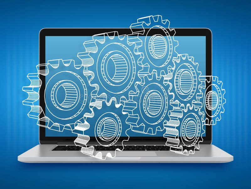 Laptop with gears. Repair and maintenance of computers. Teamwork vector illustration Laptop with gears. Repair and maintenance of computers. Teamwork vector illustration
