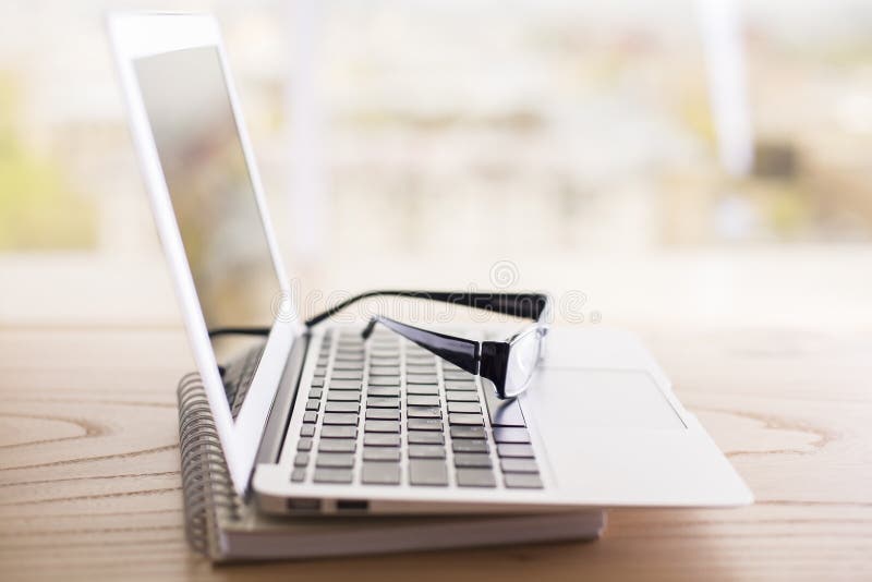 Laptop, Glasses And Notepad Stock Image Image of background, laptop 71520037