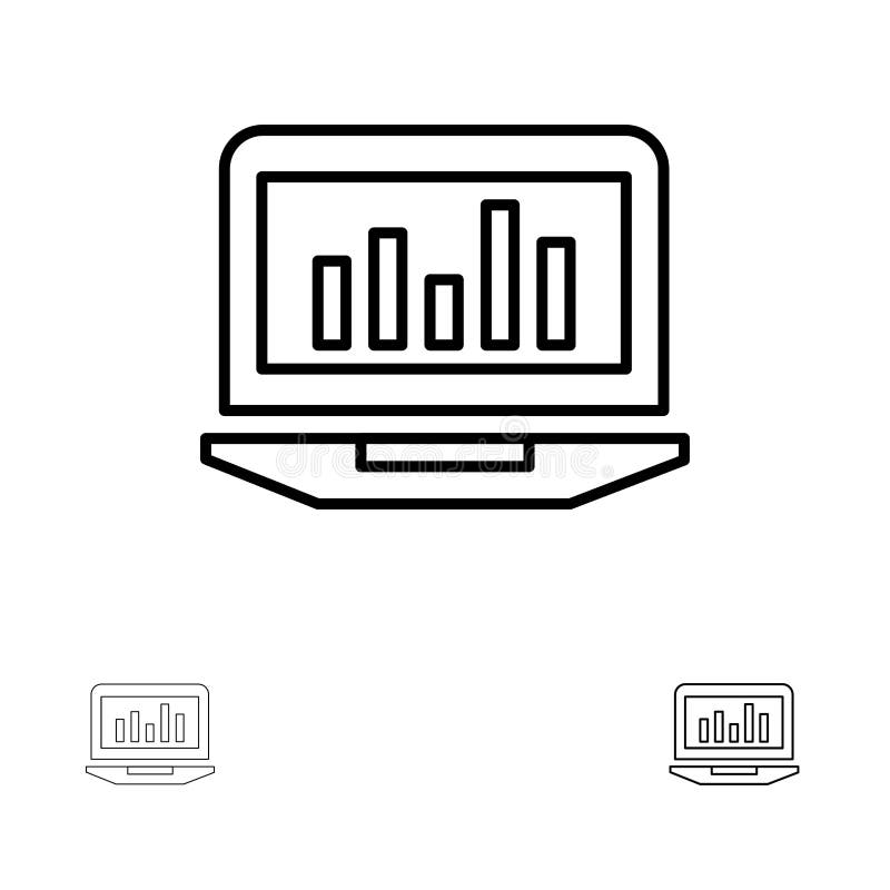 Laptop, Graph, Analytics, Monitoring, Statistics Bold and thin black line icon set vector illustration Laptop, Graph, Analytics, Monitoring, Statistics Bold and thin black line icon set vector illustration