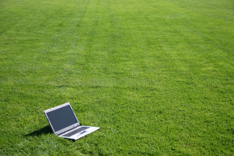 Laptop in a green field