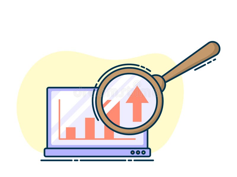 Laptop with growing graph on it, magnifying glass on screen