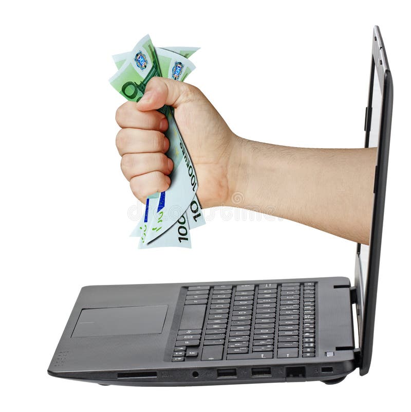 Laptop Hand Grabbing Money Euro Isolated