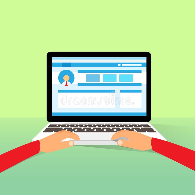 Laptop hands type working using computer flat vector illustration