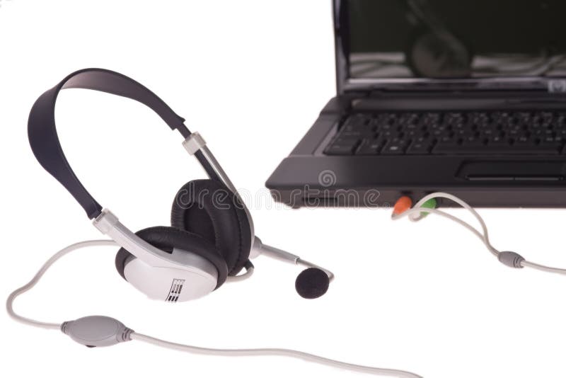 Laptop with headset stock images