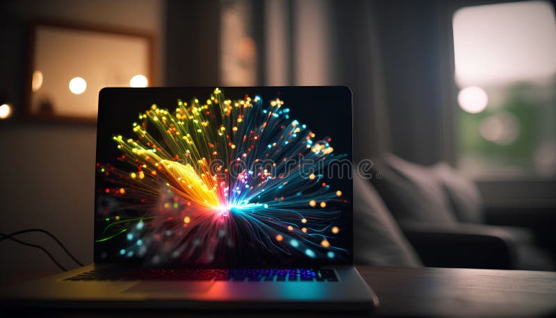 Laptop with high tech colorful technology abstract background. 3D Rendering stock illustration
