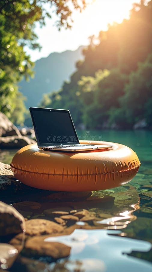 Laptop on inflatable ring floating in river, remote work concept, sunny day stock photos