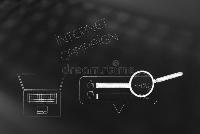 Laptop with internet campaign text and survey results above it w stock photo