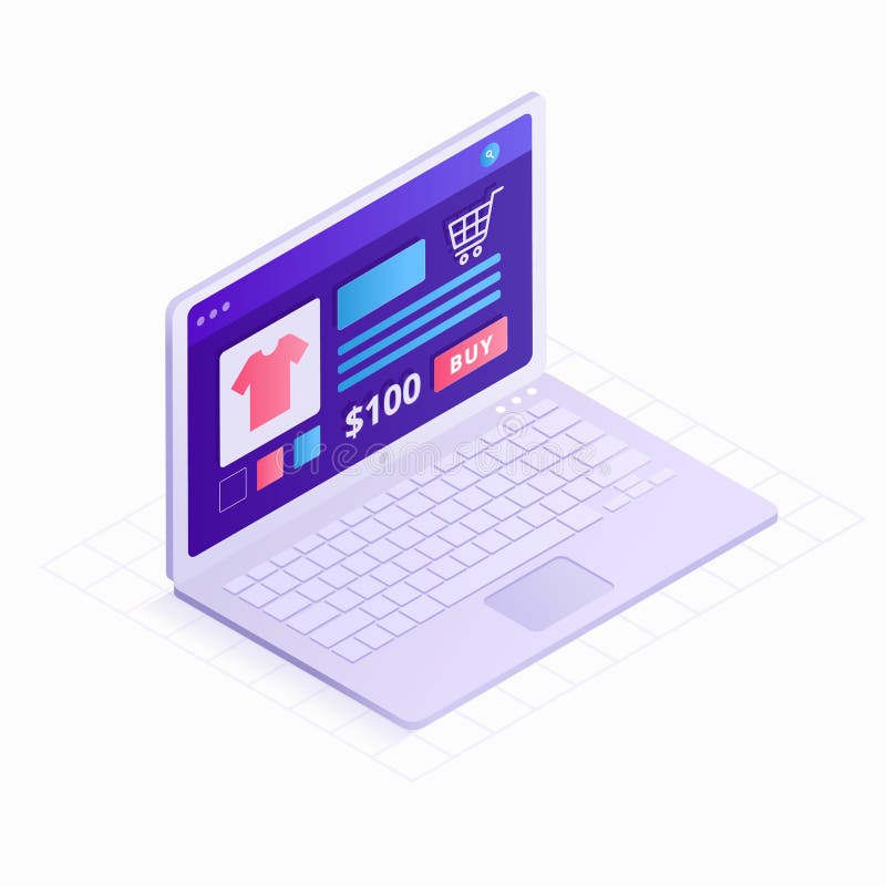 Laptop Isometric 3D in flat design vector illustration. Online shopping icon isolated on white background. Concept of royalty free illustration Laptop Isometric 3D in flat design vector illustration. Online shopping icon isolated on white background. Concept of royalty free illustration