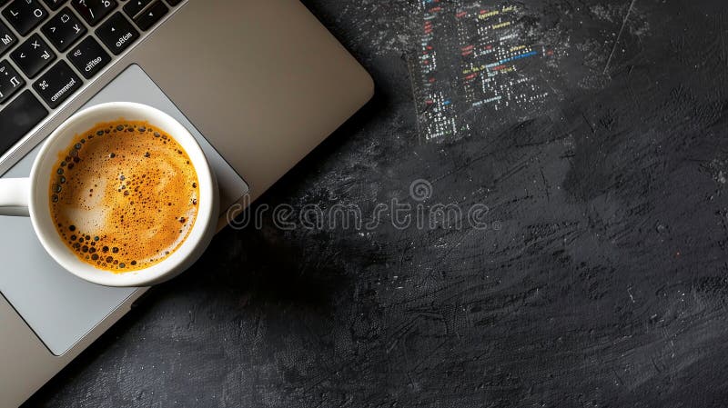 Laptop keyboard partially visible, with an open silver laptop. A white cup filled with royalty free illustration
