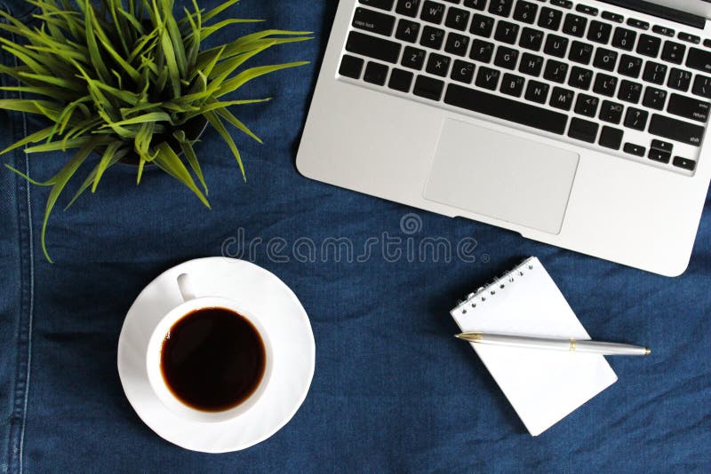 Laptop klawiatura, biała filiżanka herbata na spodeczku, notepad, pióro i zielona roślina w kącie na zmroku, - błękitny zmięty ca zdjęcie stock