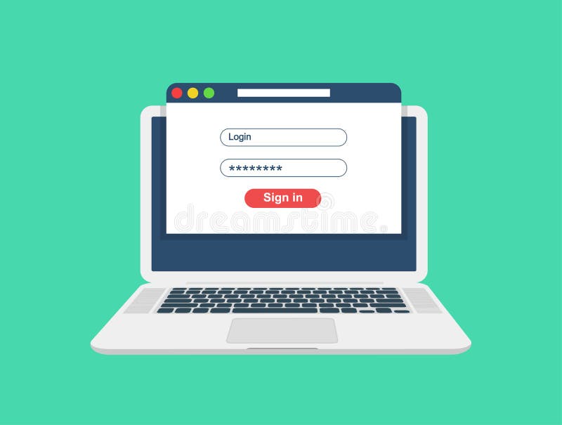Laptop with login and password form page on screen. Sign in to account, user authorization, login authentication page royalty free illustration Laptop with login and password form page on screen. Sign in to account, user authorization, login authentication page royalty free illustration