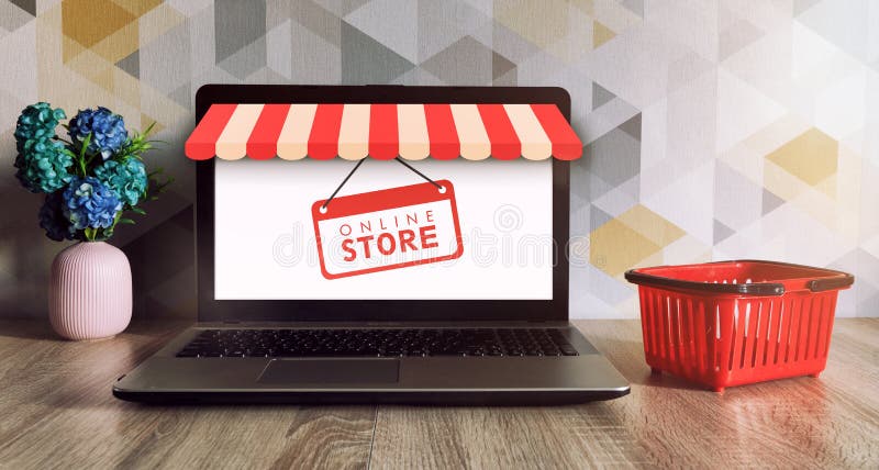Download Laptop With Market Shop Awning Tent Mockup And Red Basket Online Shopping Home Delivery Stock ...