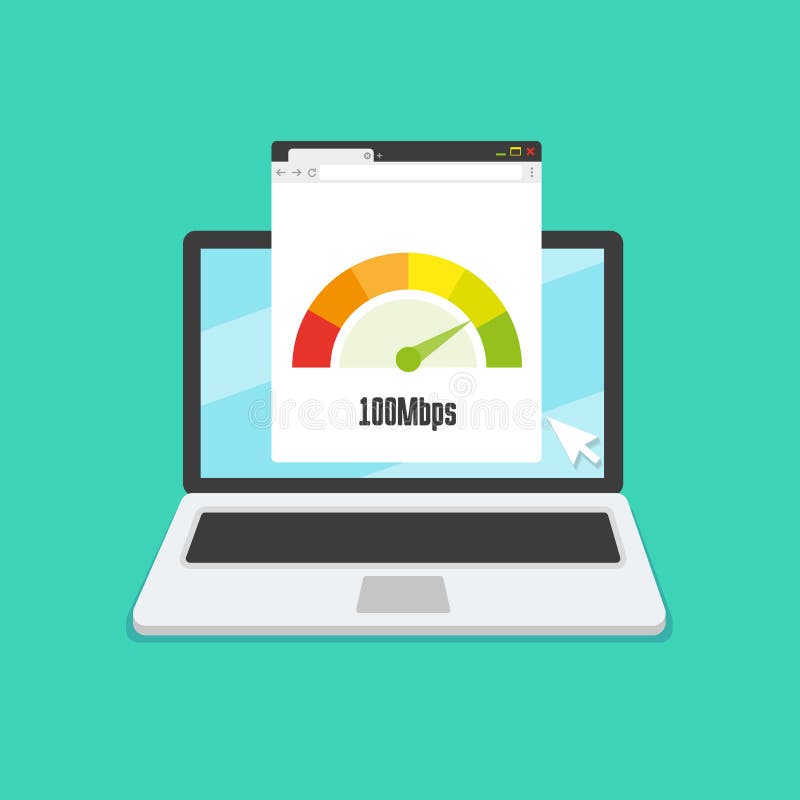 Laptop met de test van snelheidsinternet aangaande het scherm Vector vlakke illustratie stock illustratie Laptop met de test van snelheidsinternet aangaande het scherm Vector vlakke illustratie stock illustratie