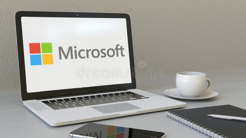 Laptop with Microsoft logo on the screen. Modern workplace conceptual editorial 3D rendering