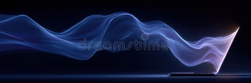 Laptop minimalistic art transparent data breach stream glowing digital blue stock illustration