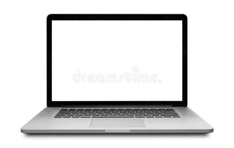 Laptop mit Position der Vorderansicht des leeren Bildschirms lokalisiert auf weißem Hintergrund