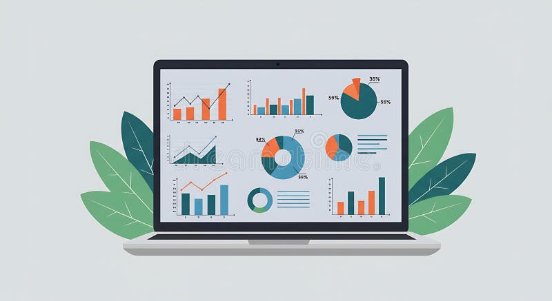 Laptop mit verschiedenen bunten Diagrammen und Grafiken, inklusive Barcharts Pie stock abbildung