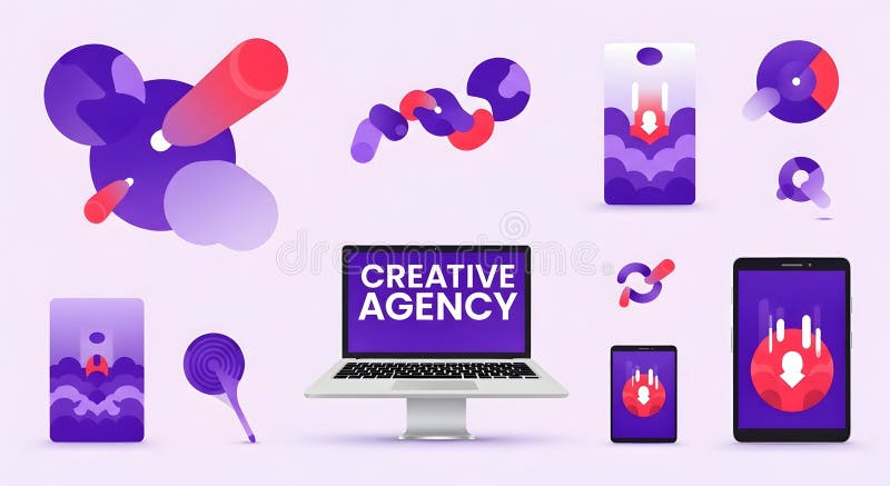 Creative agency graphics on digital devices, with purple abstract geometric shapes stock illustration