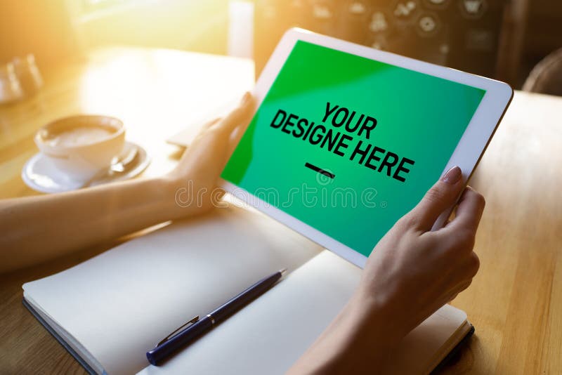 Laptop, Notebook, tablet pc Mockup screen with green chroma key background and text Your Design here Empty copy space. stock image Laptop, Notebook, tablet pc Mockup screen with green chroma key background and text Your Design here Empty copy space. stock image