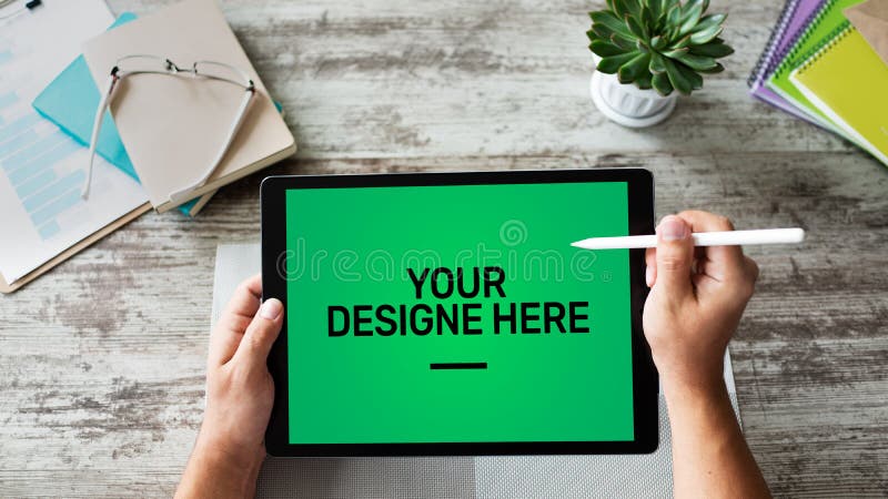 Laptop, Notebook, tablet pc Mockup screen with green chroma key background and text Your Design here Empty copy space. stock photography Laptop, Notebook, tablet pc Mockup screen with green chroma key background and text Your Design here Empty copy space. stock photography