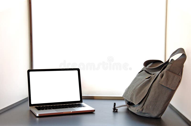 Laptop Open on Desk with Bag Stock Photo Image of modern, concept