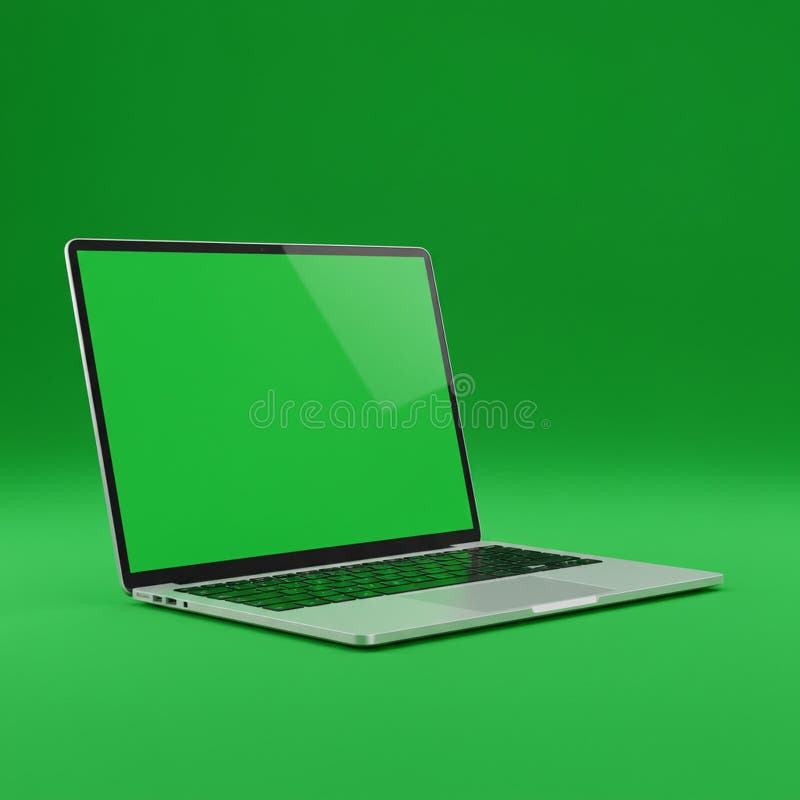 Laptop with an open display and visible keyboard on a solid green background. The laptop features a sleek, modern design with a thin bezel around the screen. Its metallic casing reflects light subtly, indicating a smooth, matte finish. Positioned at an angle, the device's ports are on the left side, suggesting functionality and connectivity. The vivid green background creates a stark contrast with the laptop, highlighting its contours and clean lines. Laptop side angle illustrations