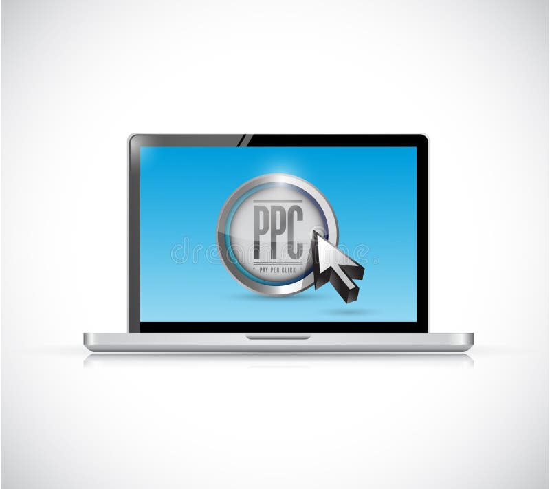 Laptop with pay per click button. ppc concept stock illustration