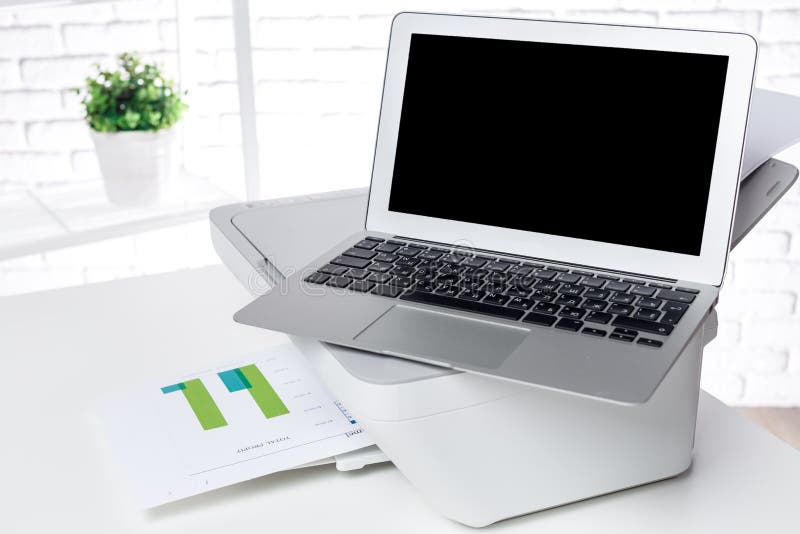 Laptop and Printer, Office Interior Stock Photo Image of table