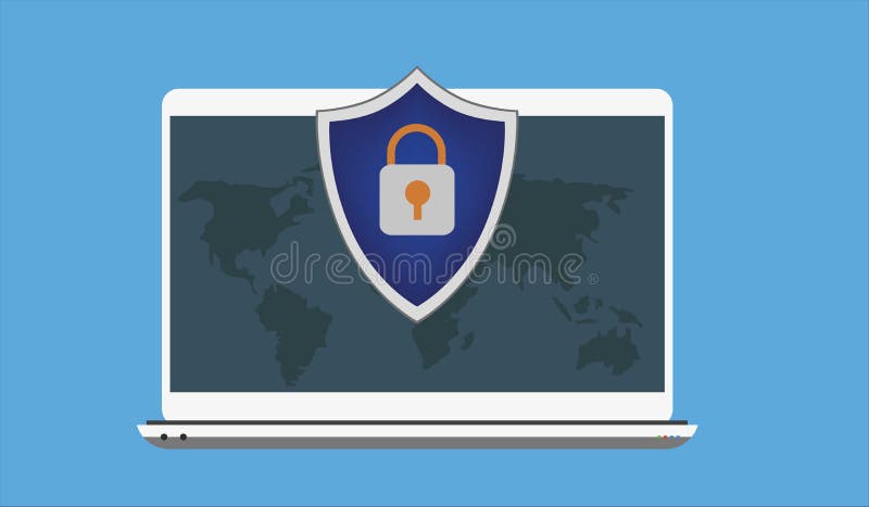 Laptop protection concept. Protecting data on computer. Flat cartoon laptop protected with shield symbol, idea of pc security. vector illustration