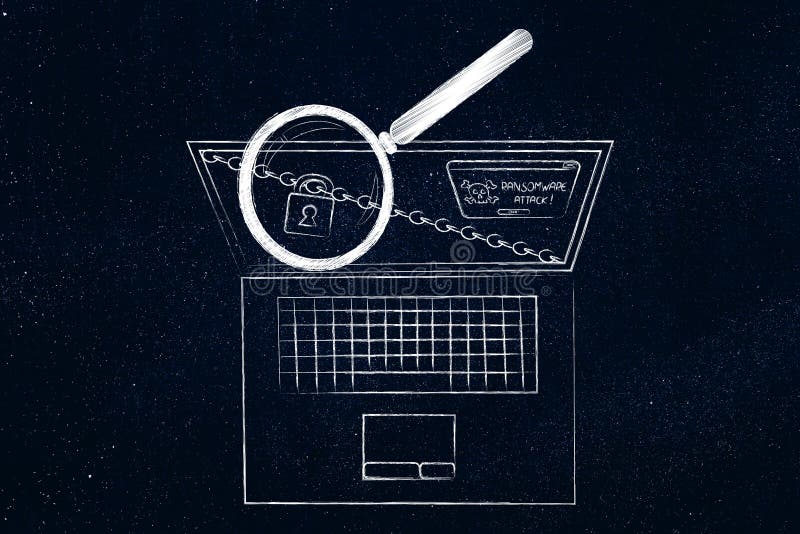 Laptop with ransomware alert analysed by magnifying glass vector illustration
