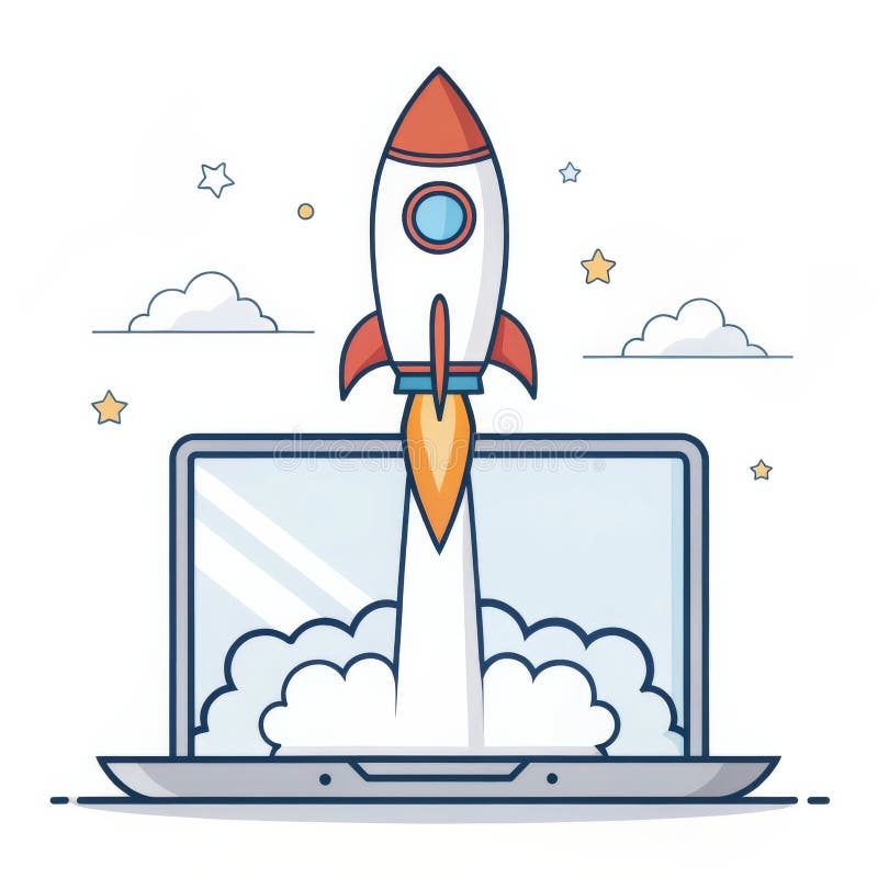 Laptop Rocket Ilustracja ilustracji Startup Concept Vector Graphic Digital Art. Rakieta startowa ilustracja wektor