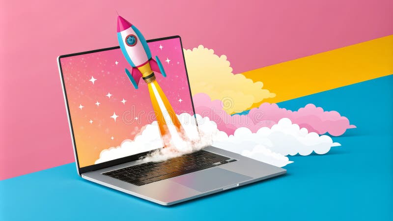 Laptop Rocket Launch Różowy Żółty Tło ilustracji
