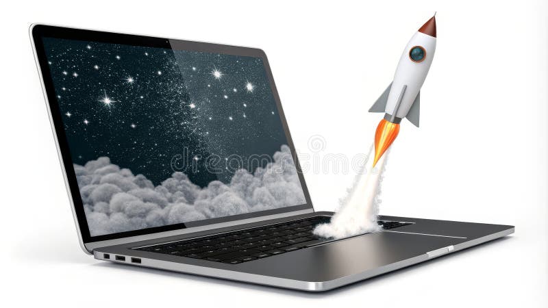 Laptop Rocket Launch Stars Clouds Render 3D royalty ilustracja