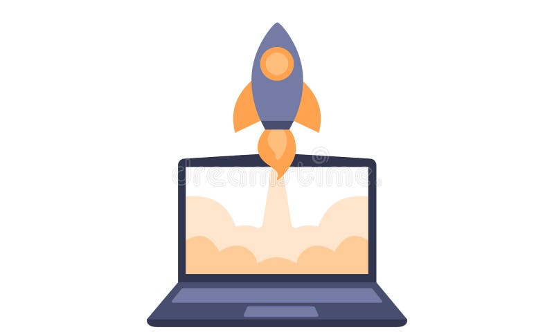 Vector of rocket launching with fire and smoke from a laptop. Illustration shows a website or online store launch or business or tech start up. Great for backdrop, posters, promotions and advertising. Tech store vectors