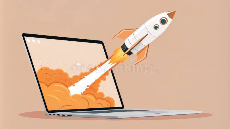 Laptop Rocket Launting Digital Art Orange and White ilustracji