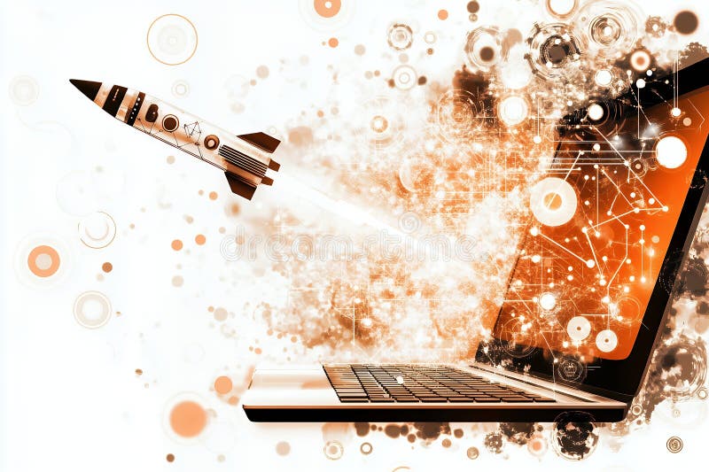 Laptop Rocket Uruchamia cyfrowe innowacje i technologie sukces startowy royalty ilustracja