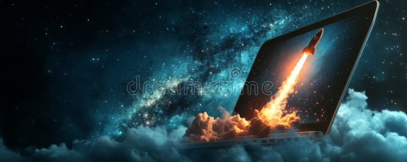 Laptop Rocket Uruchamia Cyfrową Kosmiczną Technologię Kosmiczną royalty ilustracja