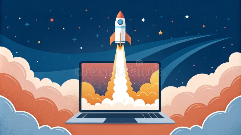 Laptop Rocket wprowadza na rynek cyfrową kompozycję sztuki ilustracja wektor